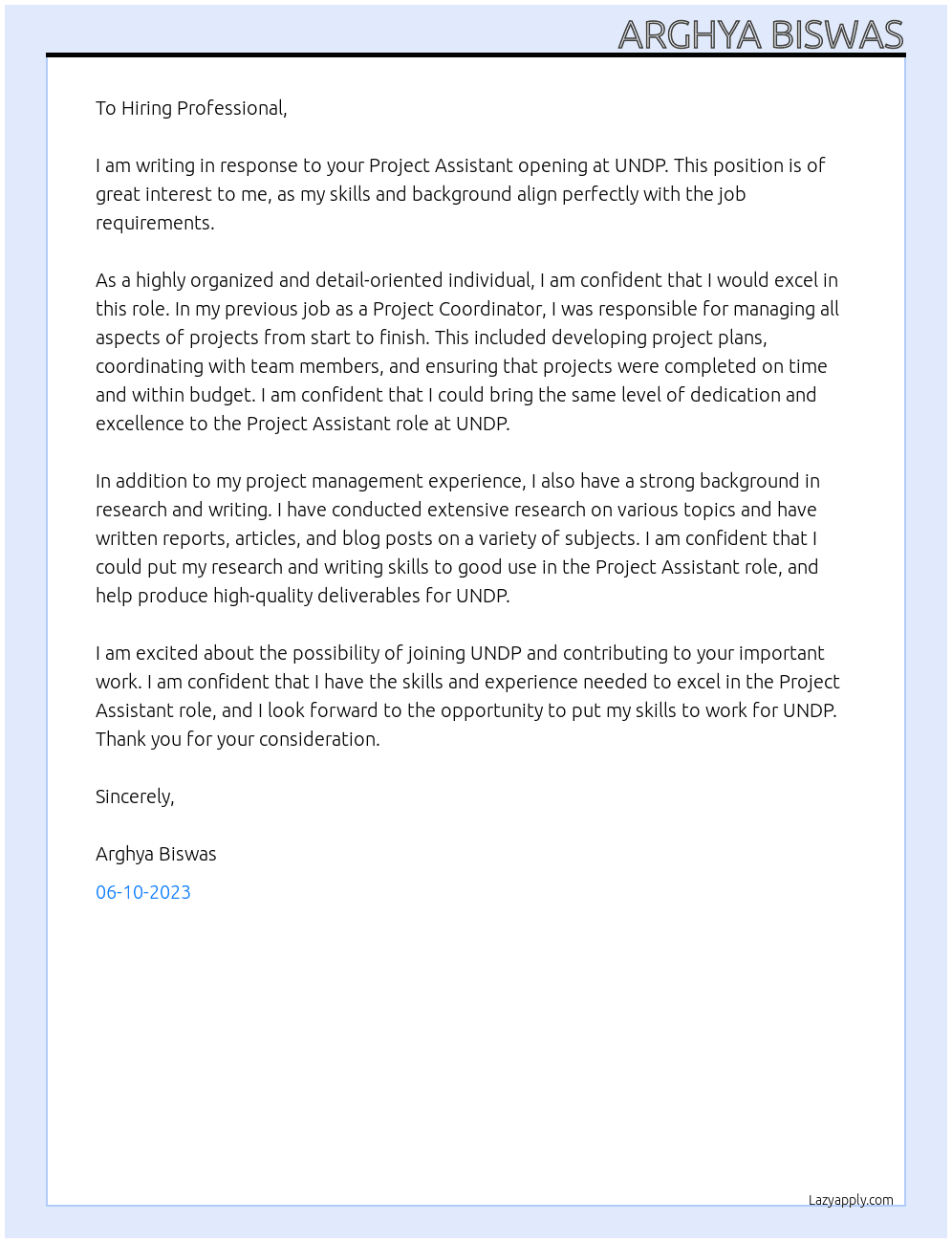 Project Assistant At UNDP Cover Letter