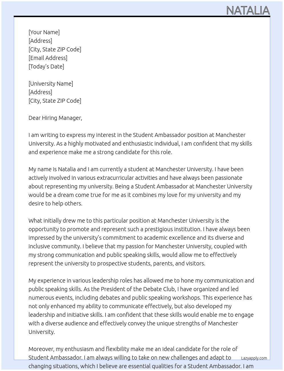 Student ambassador  At Manchaster university  Cover Letter