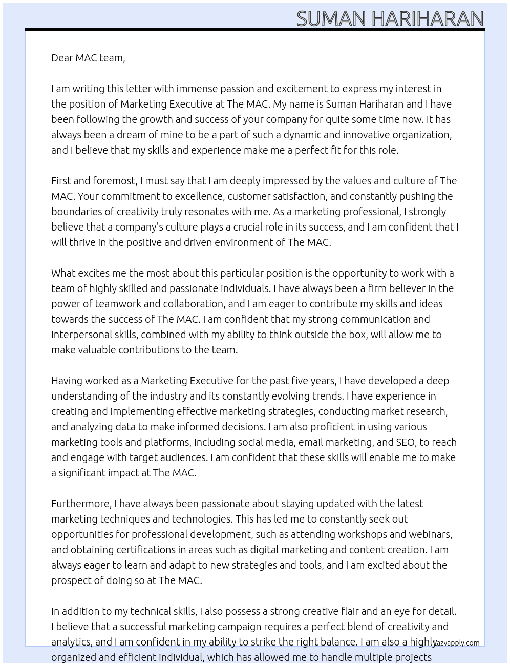Marketing Executive At The MAC Cover Letter