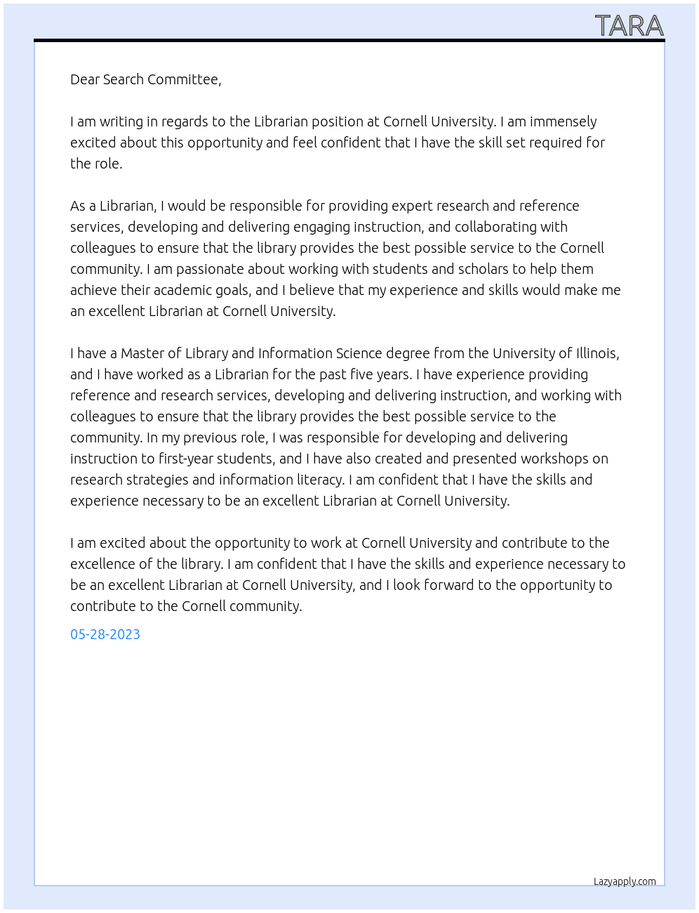 Librarian At Cornell University Cover Letter