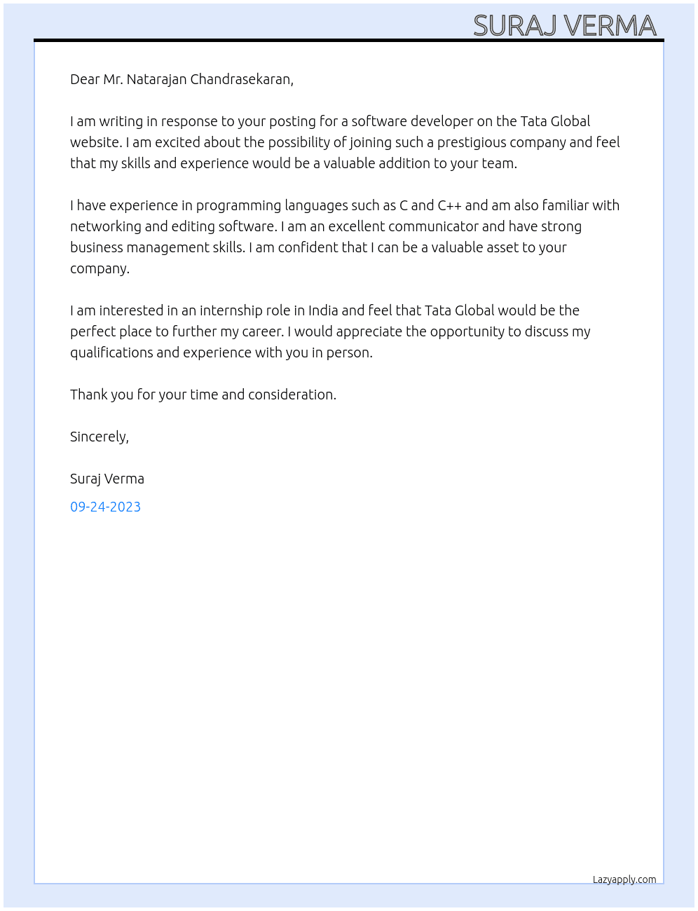 Software developer  At Tata global  Cover Letter