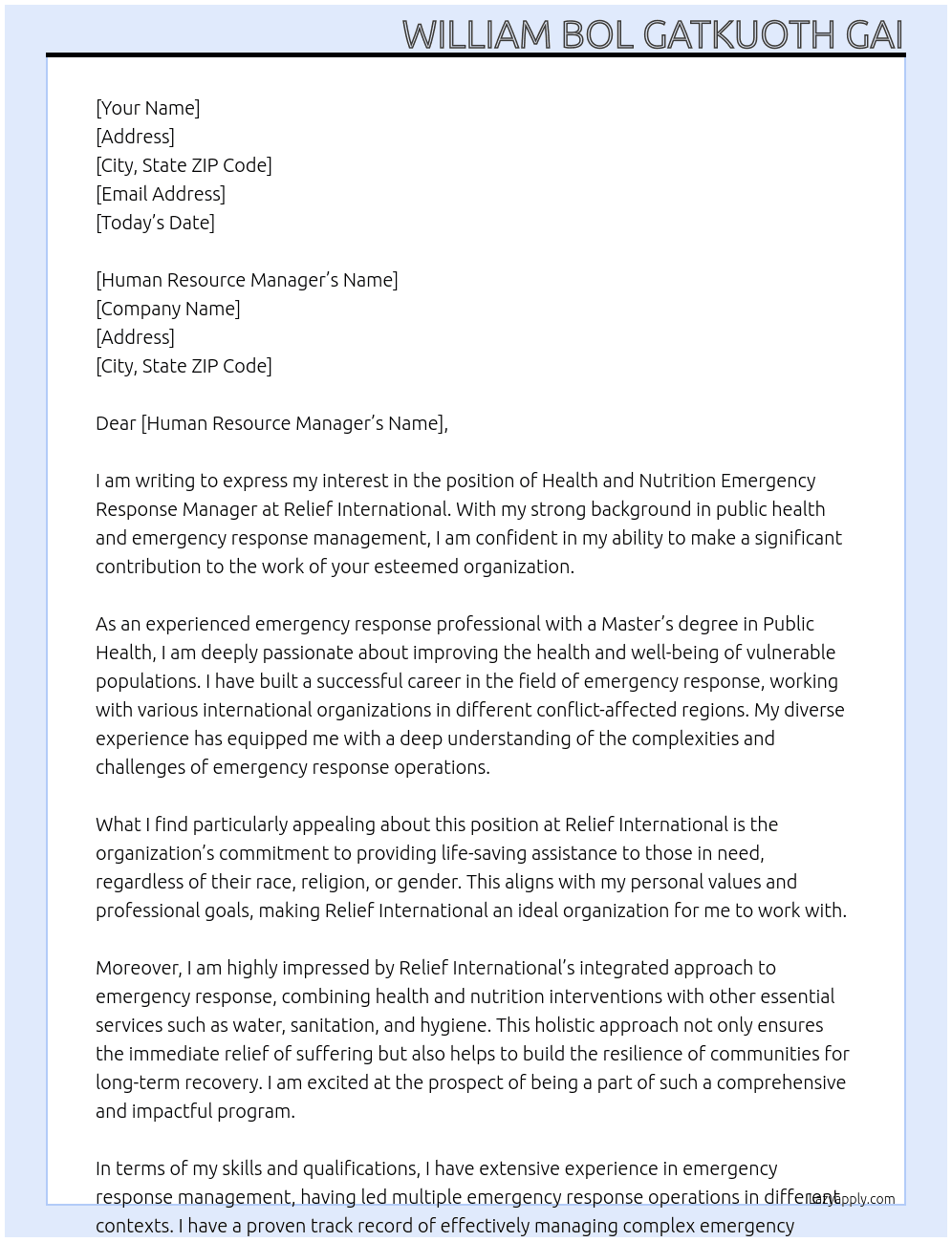 Health and nutrition emergency response manager  At Relief international  Cover Letter