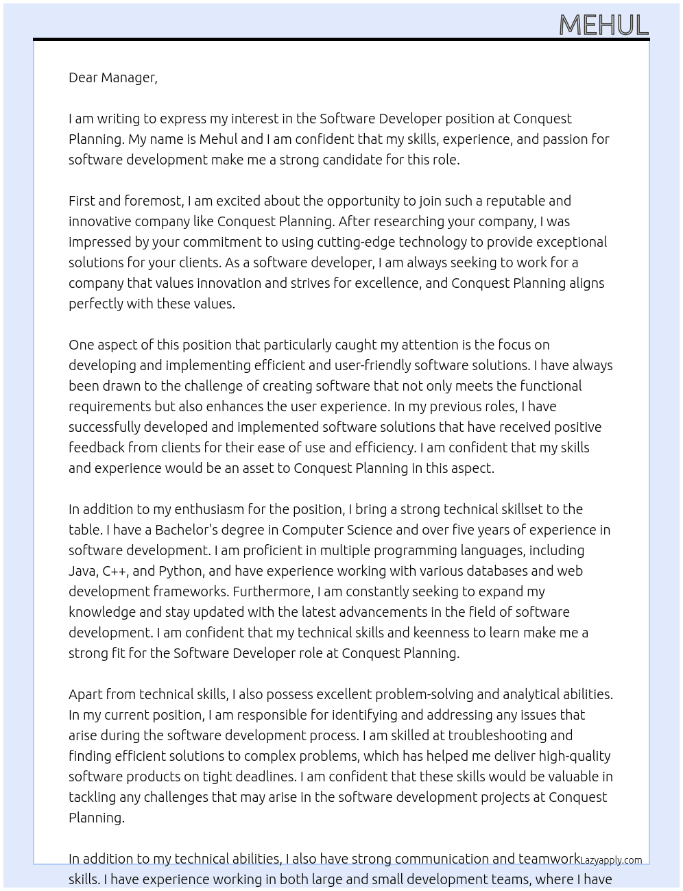 Software Developer At Conquest Planning Cover Letter