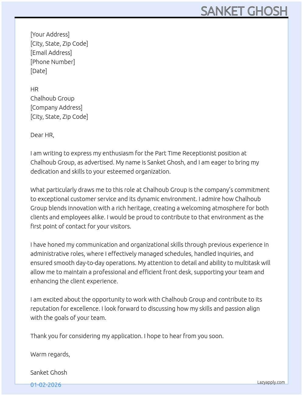 Cover letter for part time receptionist - LazyApply