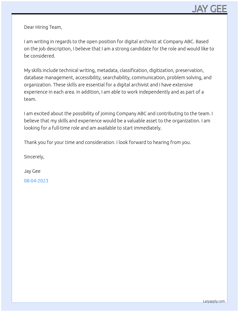 digital archivist At Company ABC Cover Letter