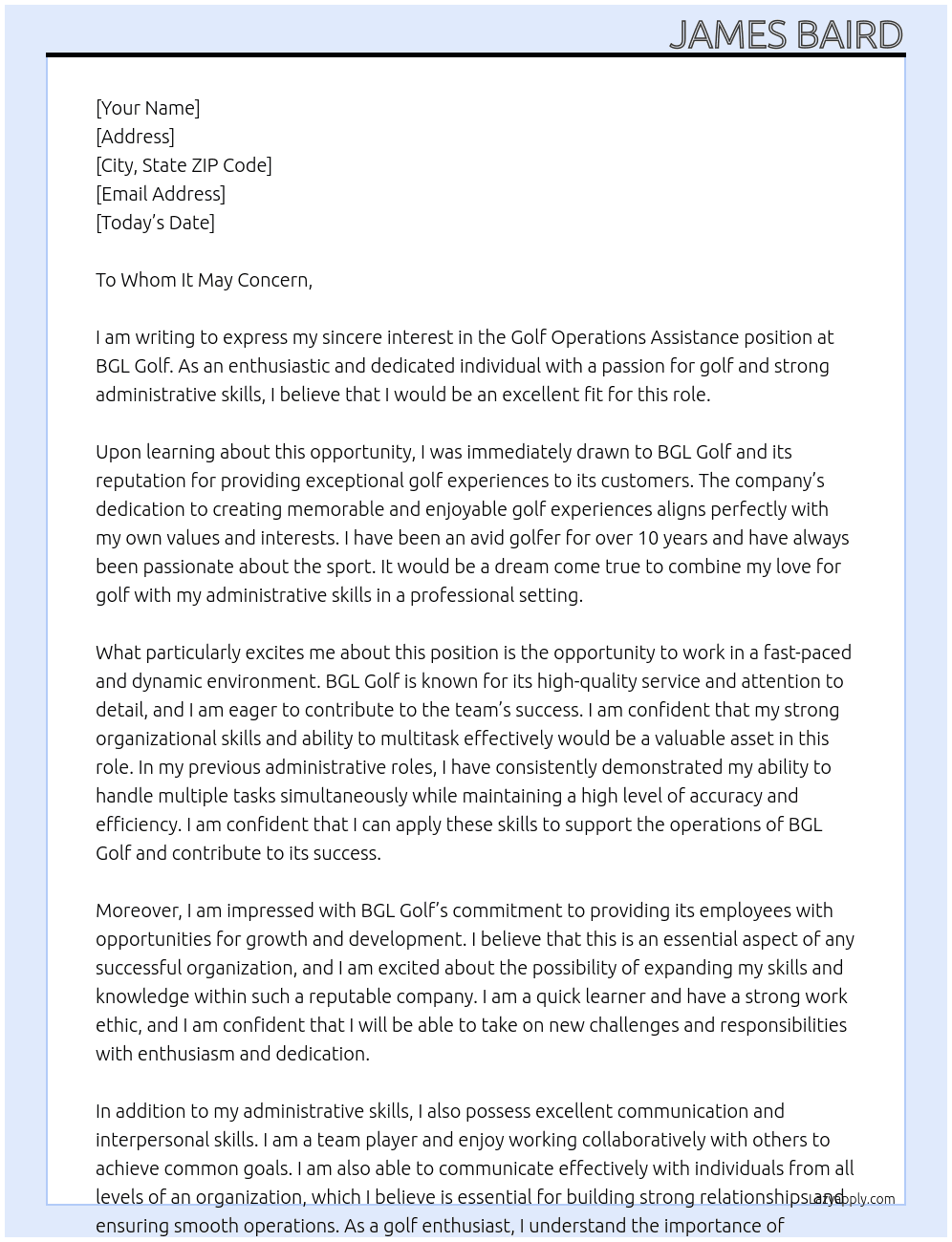 Golf operations Assistance At BGL Golf Cover Letter