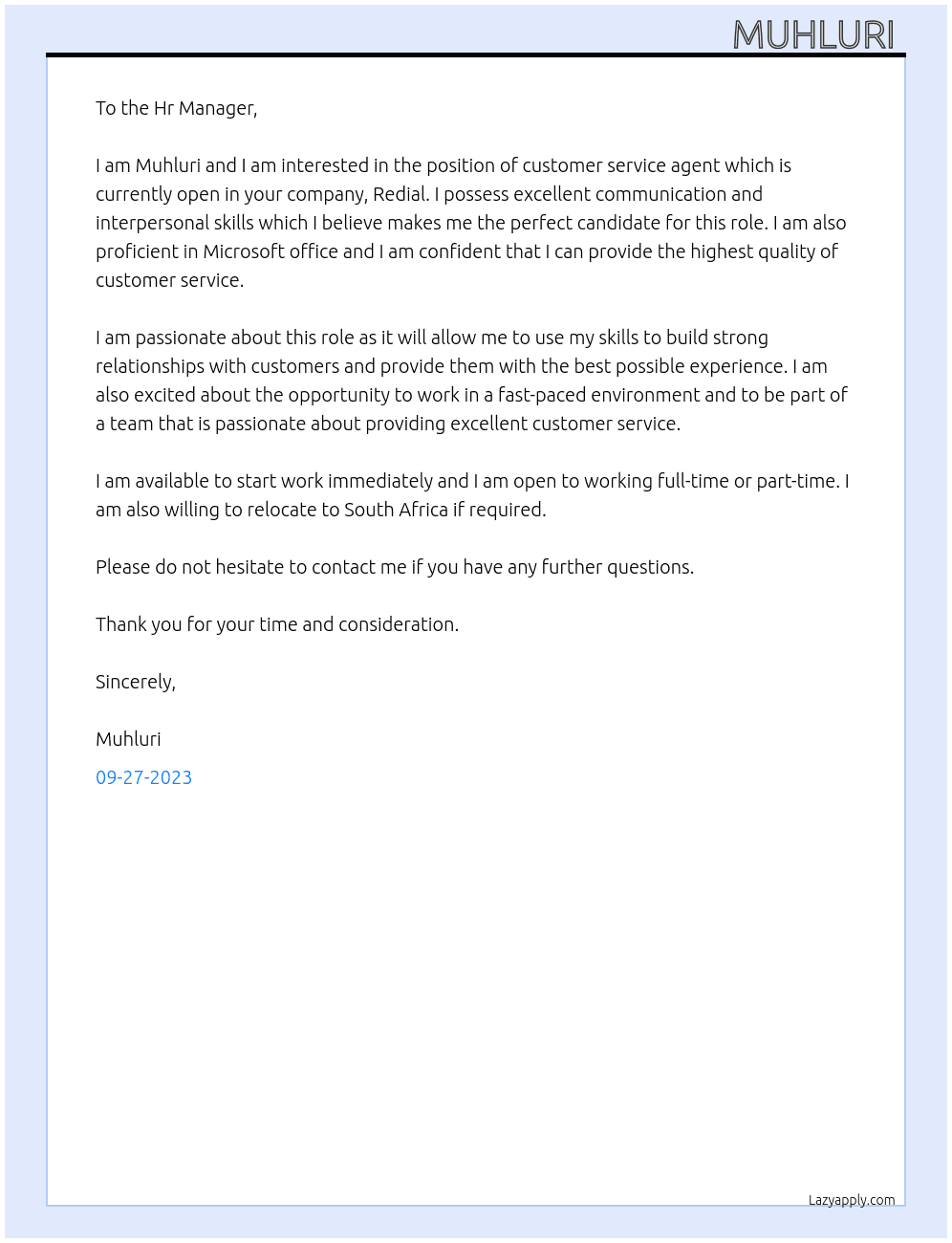 Customer service agent  At Redial Cover Letter