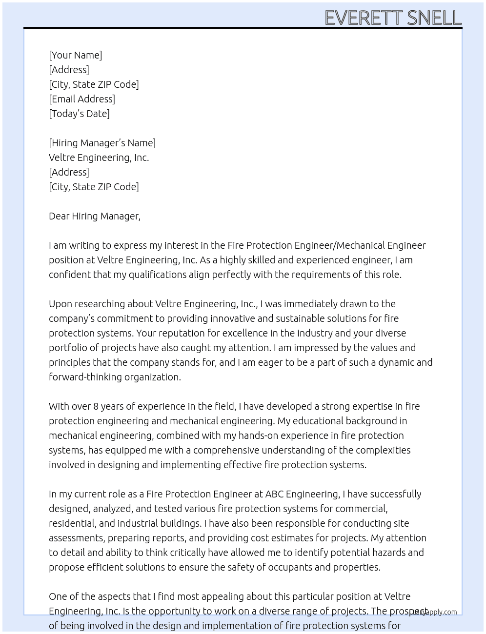 Fire Protection Engineer / Mechanical Engineer At Veltre Engineering, Inc Cover Letter
