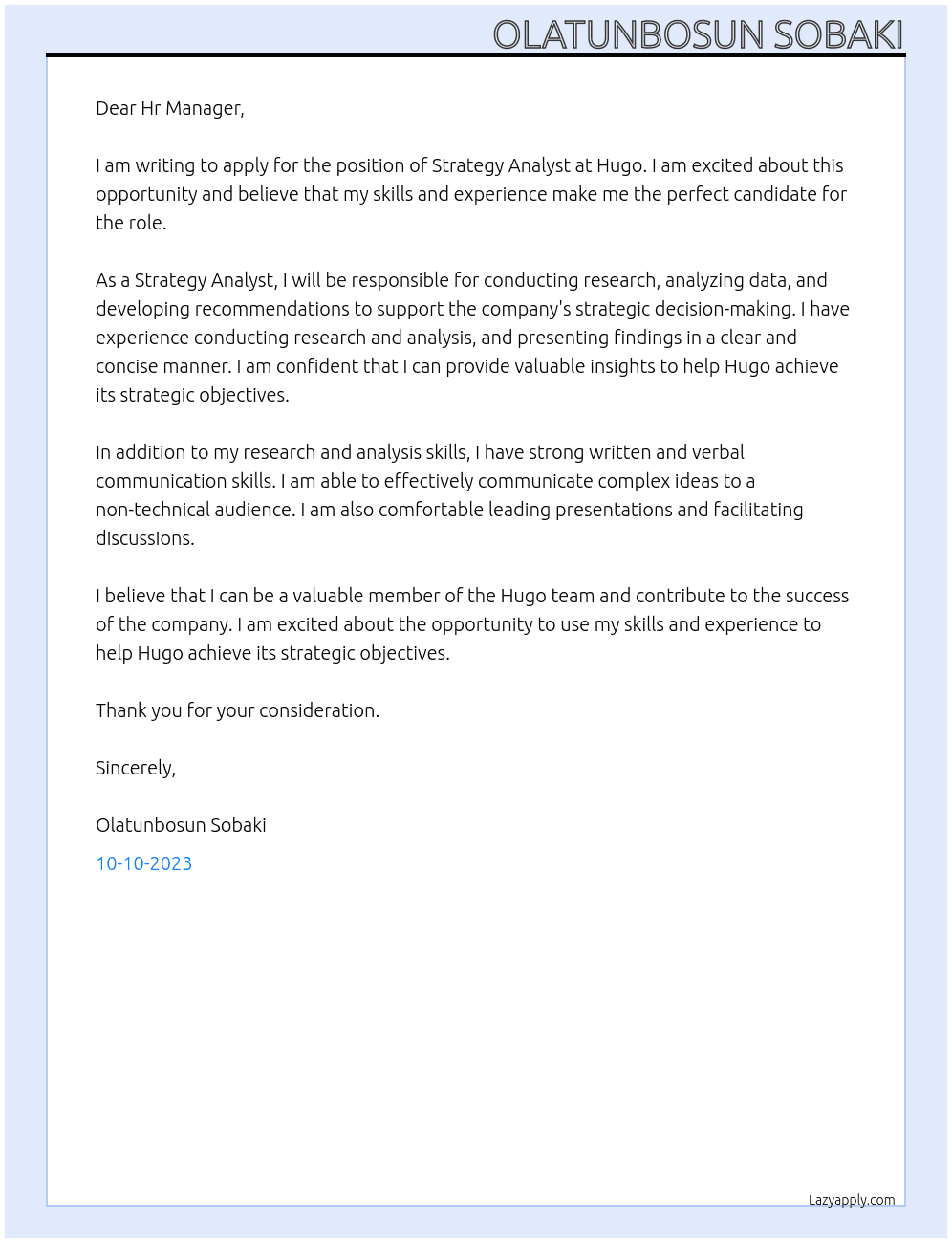Strategy Analyst At Hugo Cover Letter
