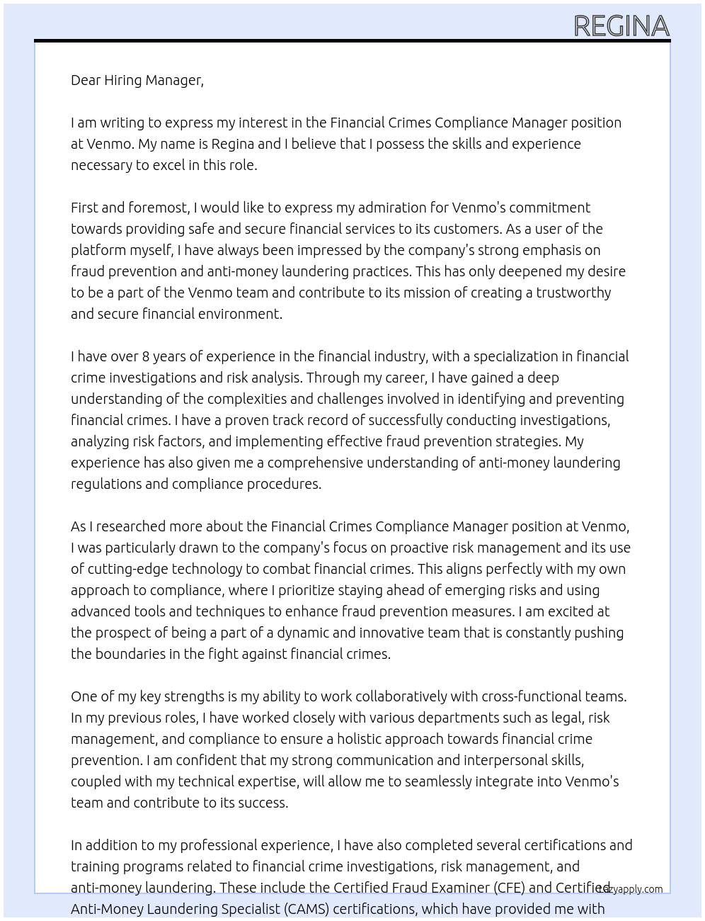 Financial Crimes Compliance Manager At Venmo Cover Letter