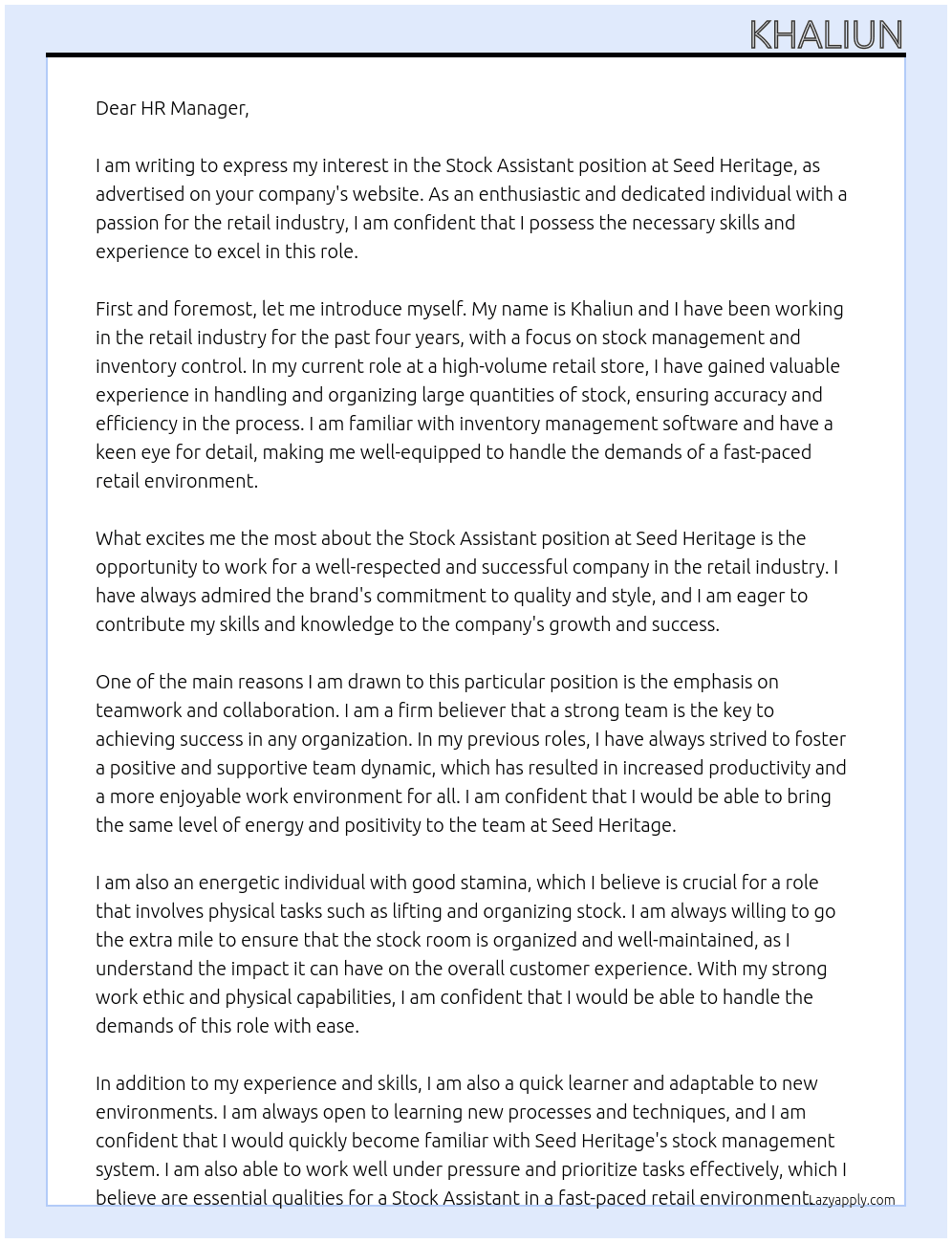 Stock assistant At Seed Heritage Cover Letter