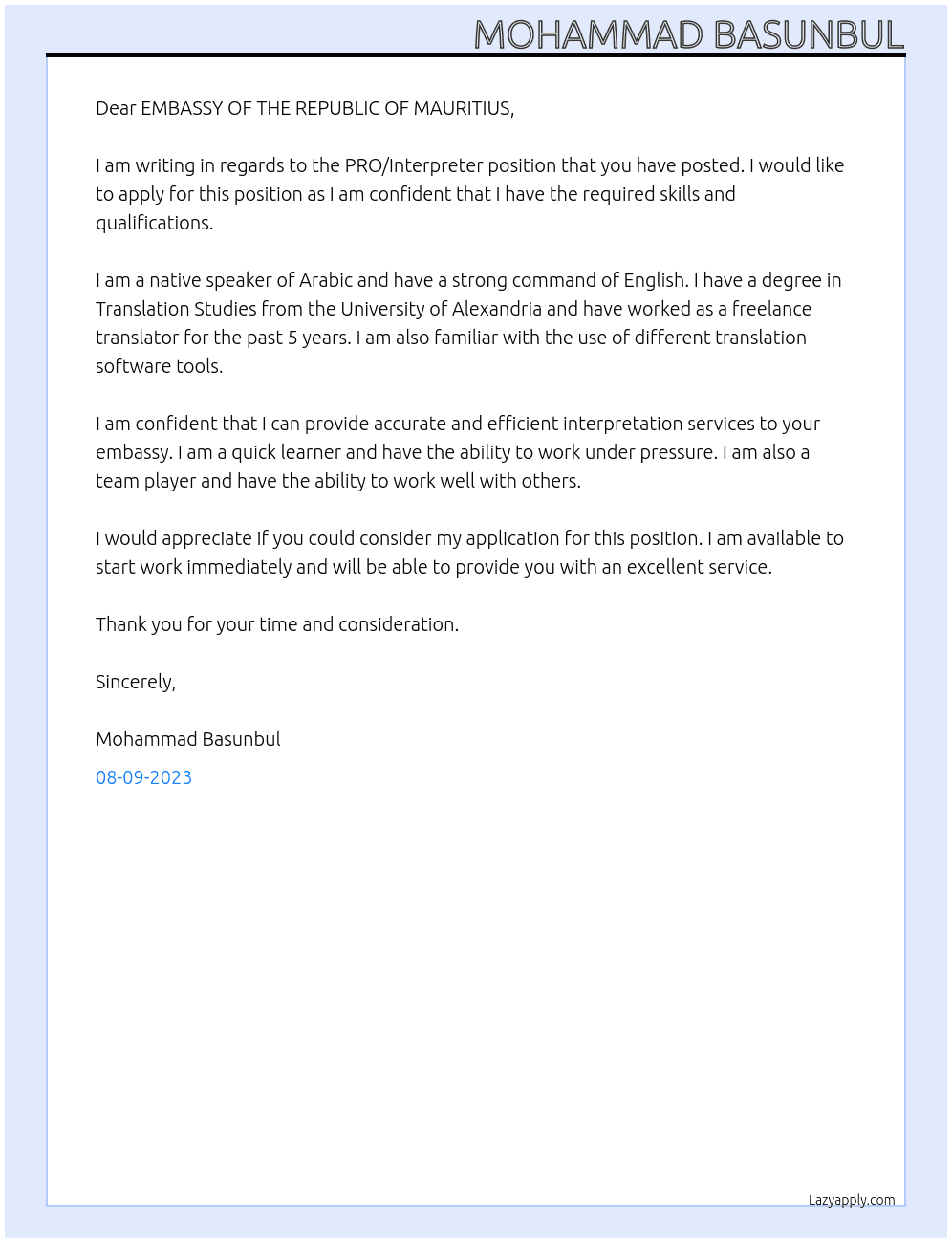 PRO/Interpreter At EMBASSY OF THE REPUBLIC OF MAURITIUS Cover Letter