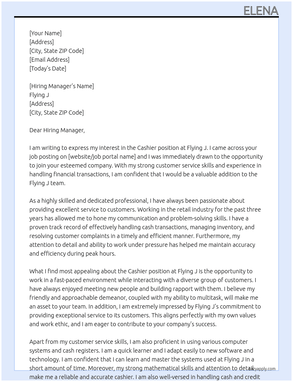 cashier At Flying J Cover Letter
