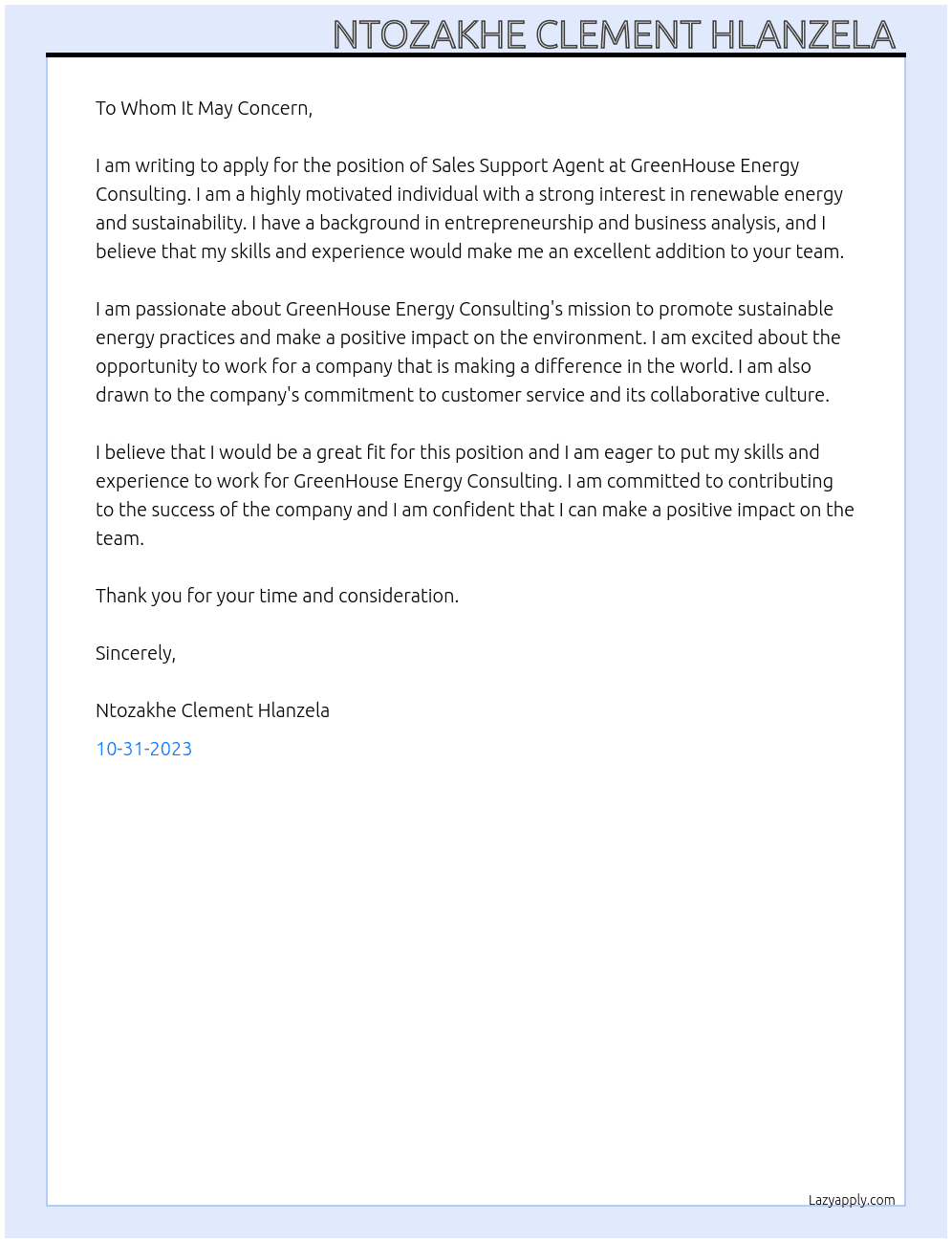 Sales Support Agent At GreenHouse Energy Consulting Cover Letter