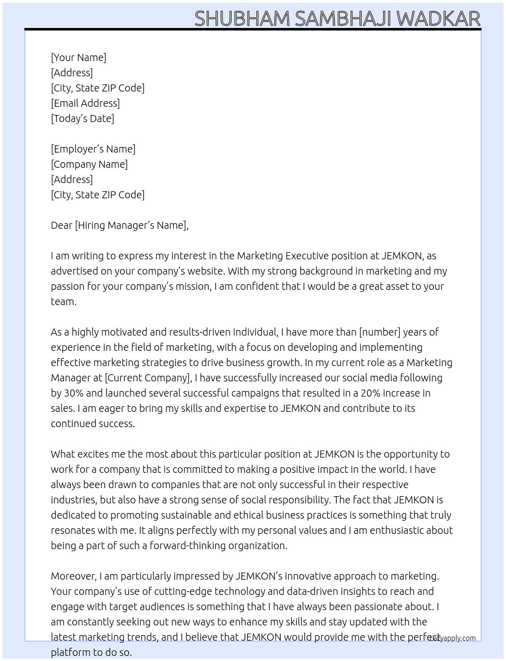 Marketing Executive  At JEMKON  Cover Letter