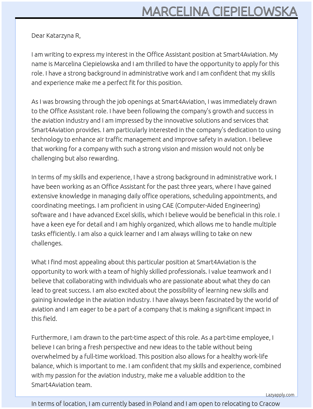 Office Assistant At Smart4Aviation Cover Letter