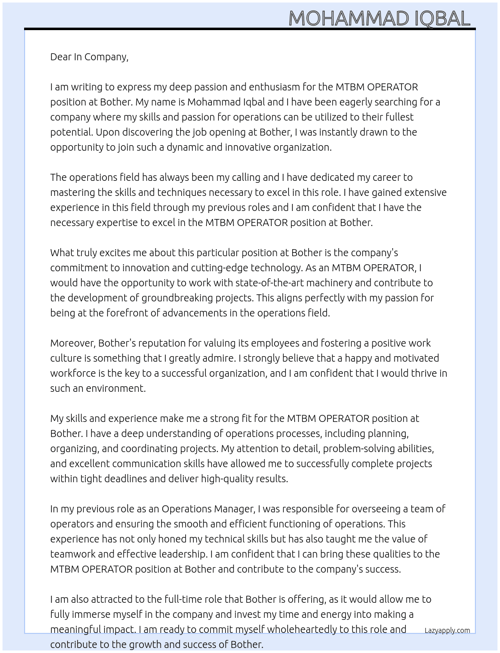 MTBM OPERATOR  At Bother Cover Letter