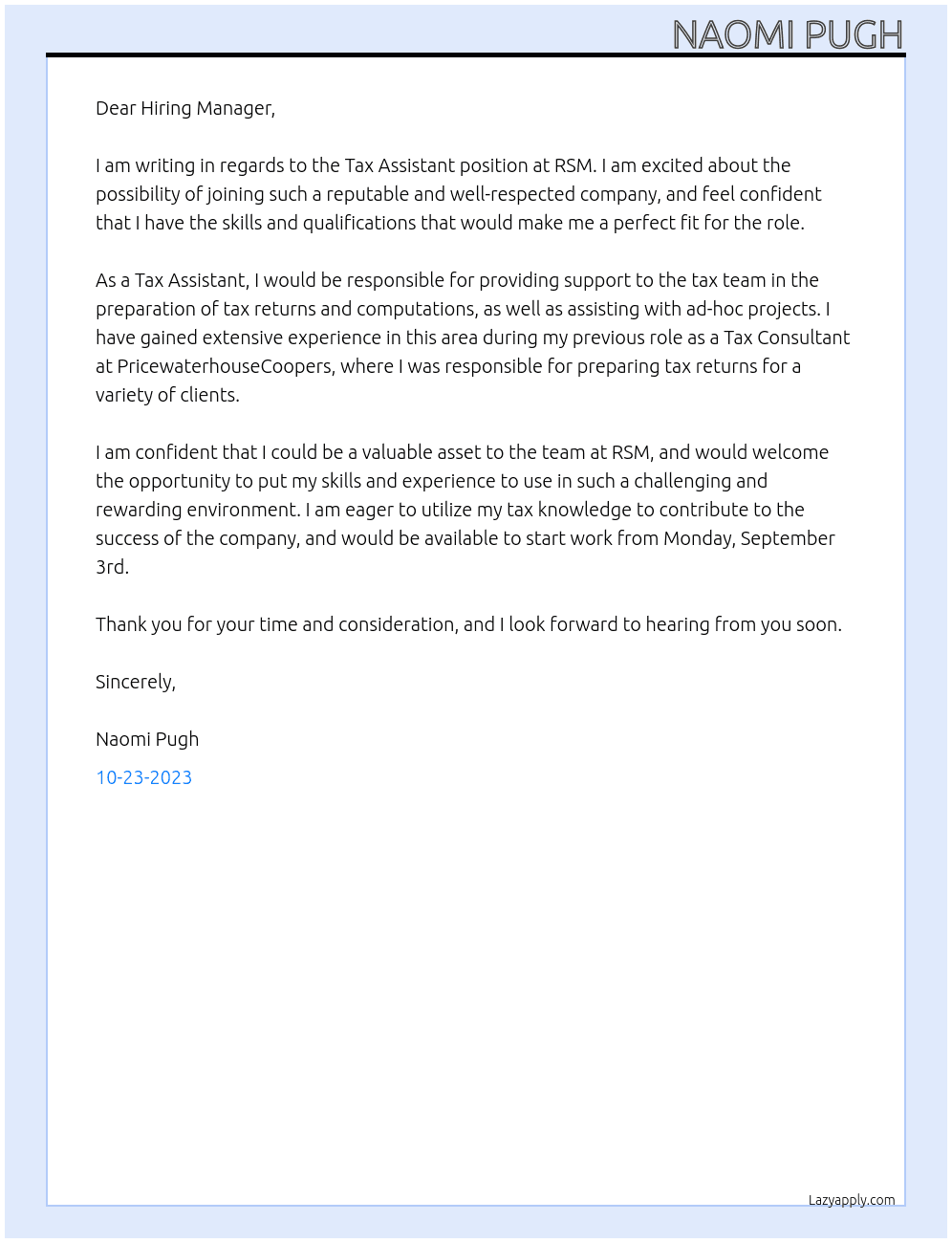 Tax Assitant  At RSM Cover Letter