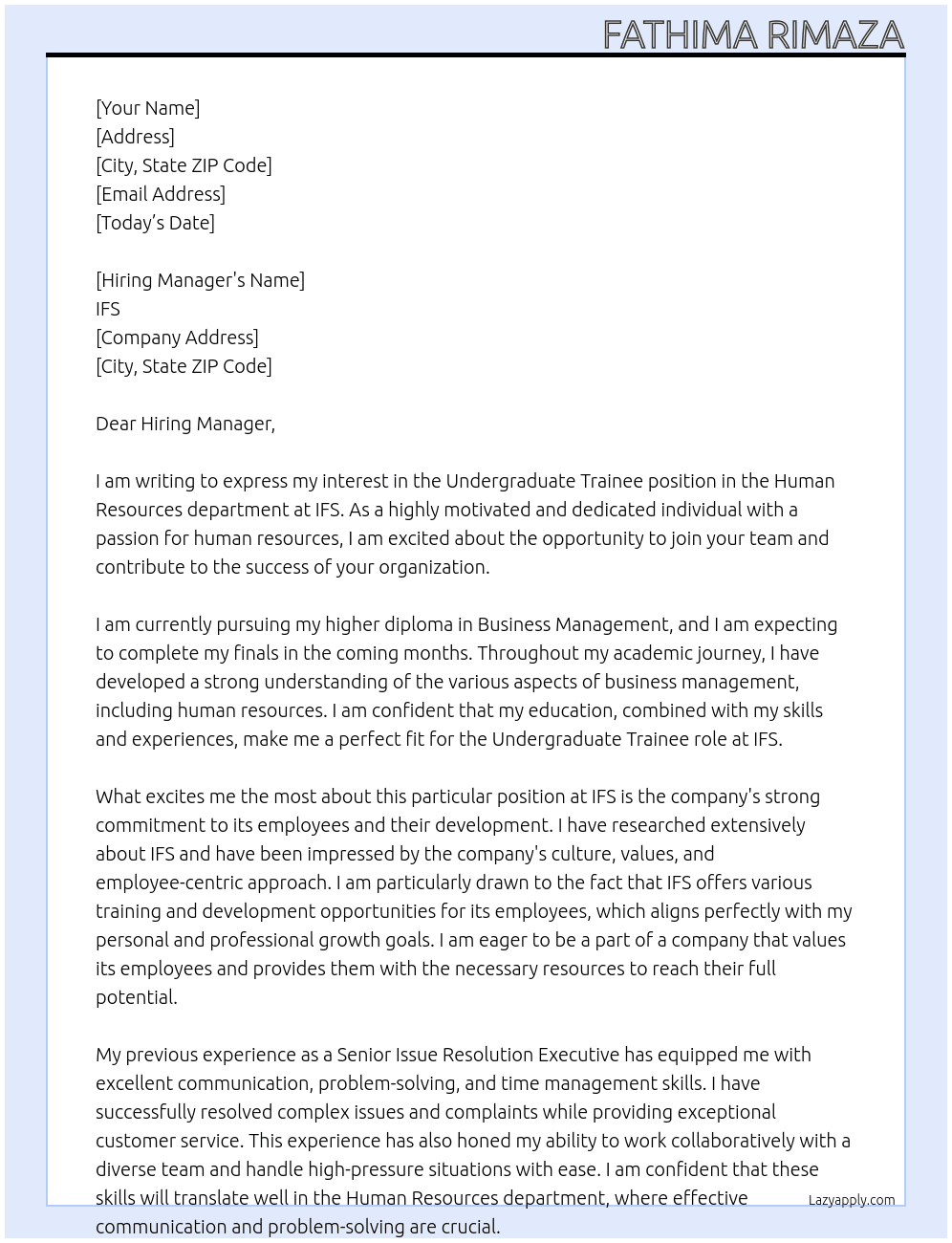 Undergraduate Trainee - Human Resources At IFS Cover Letter