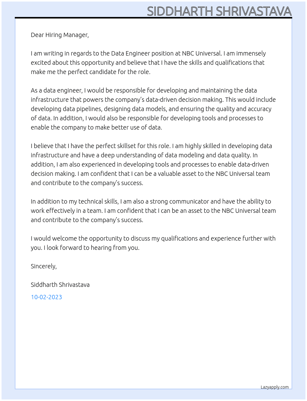 Data Engineer At NBC Universal Cover Letter