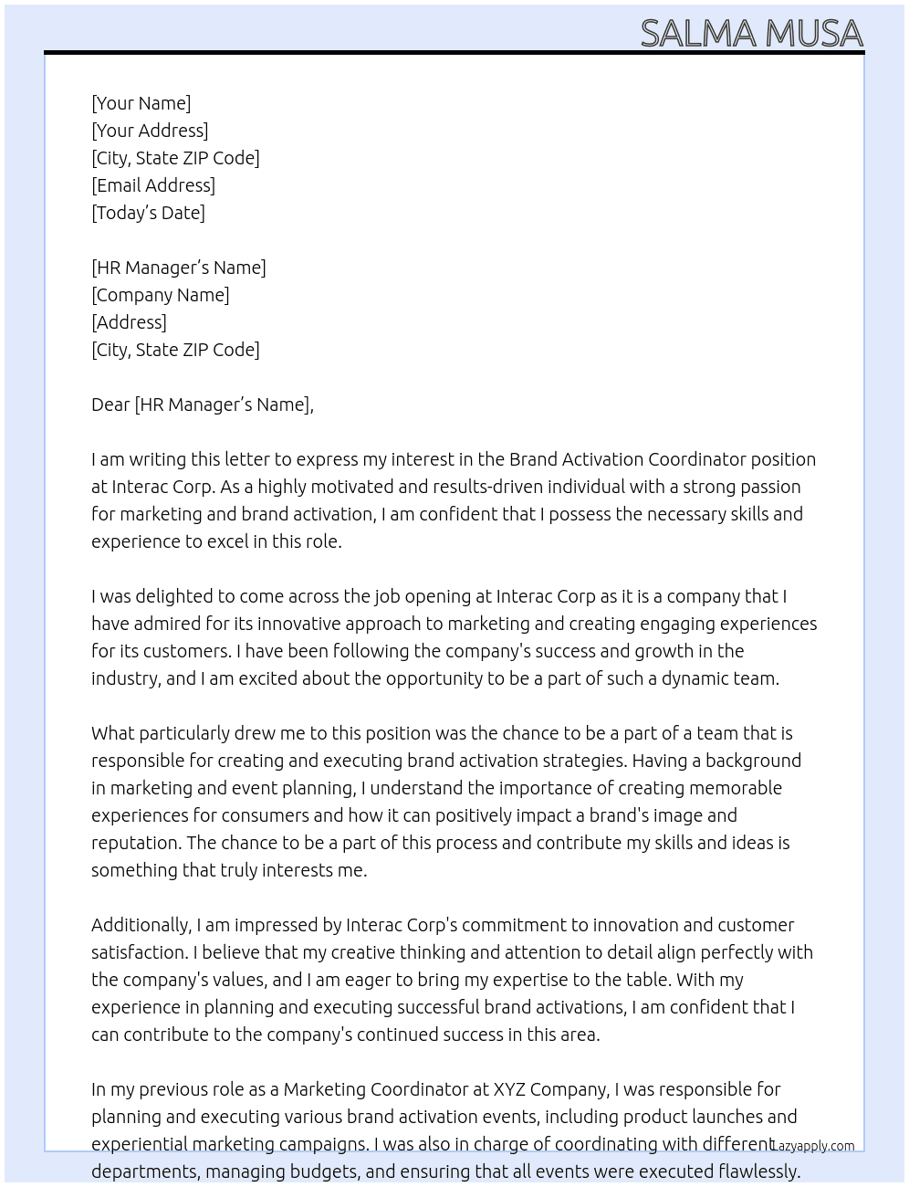 Brand Activation, Coordinator At Interac Corp Cover Letter