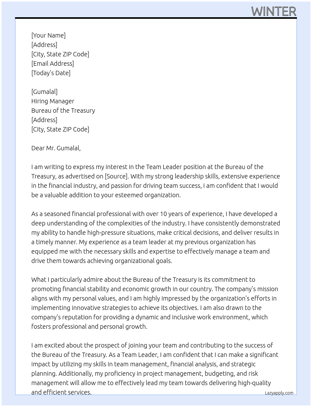 team leader At bureau of the treasury Cover Letter