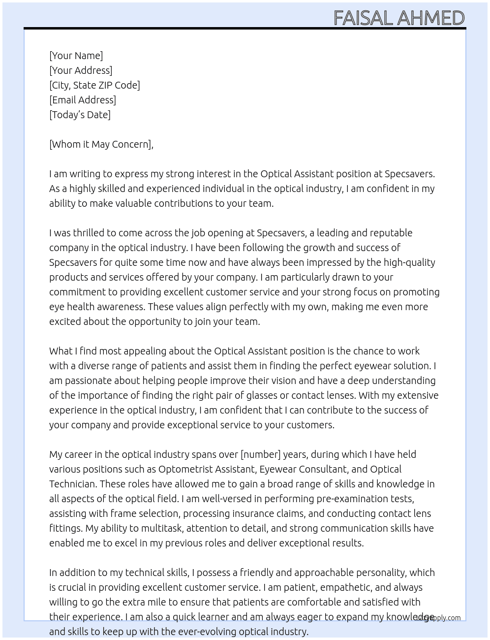Optical Assistant At Specsavers Cover Letter