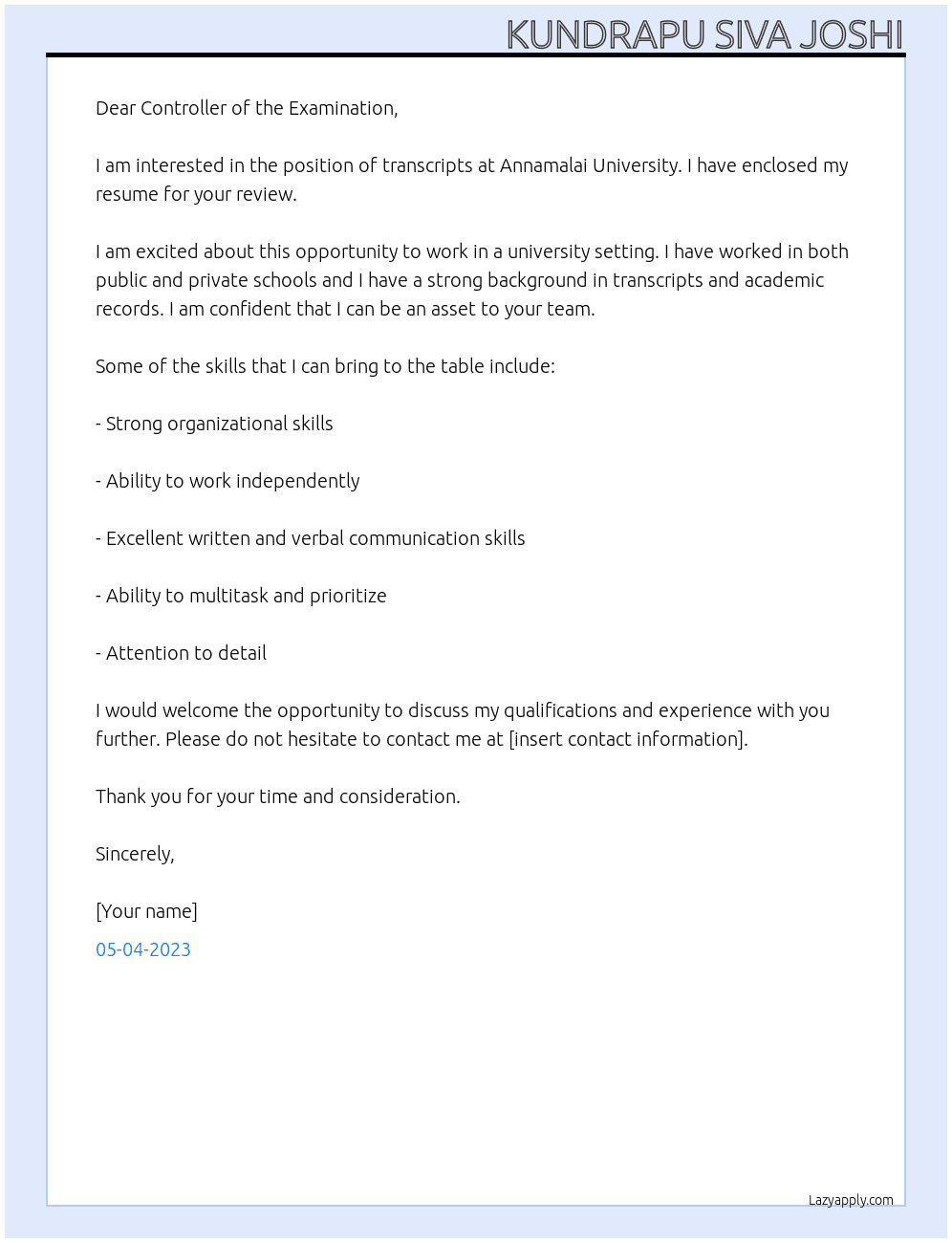 annamalai university At transcripts  Cover Letter