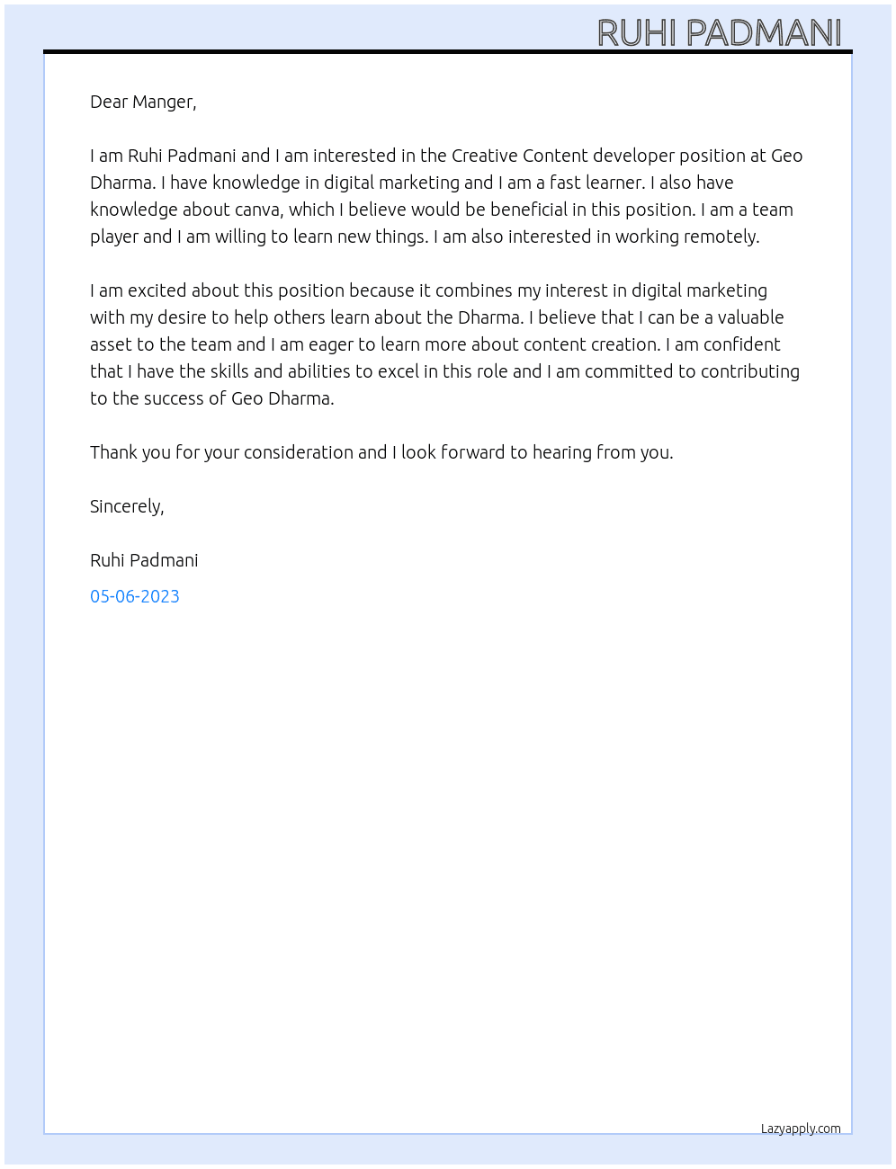 Creative Content developer At Geo Dharma  Cover Letter