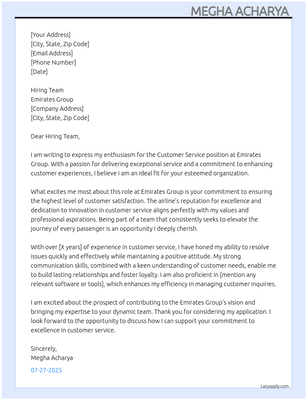 Customer service  At Emirates group  Cover Letter