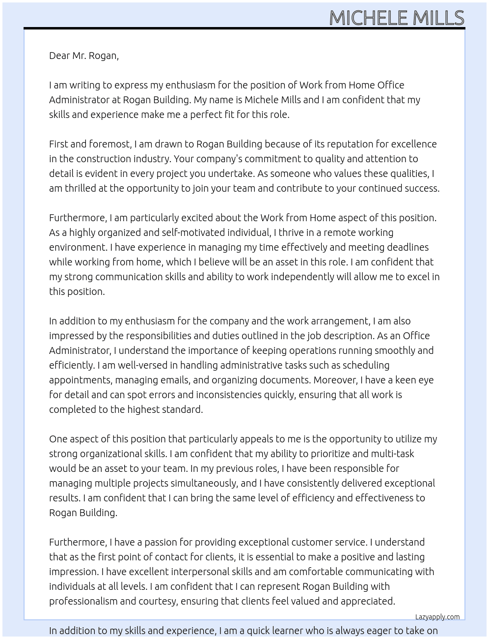 Work from Home Office Administator At Rogan Building Cover Letter