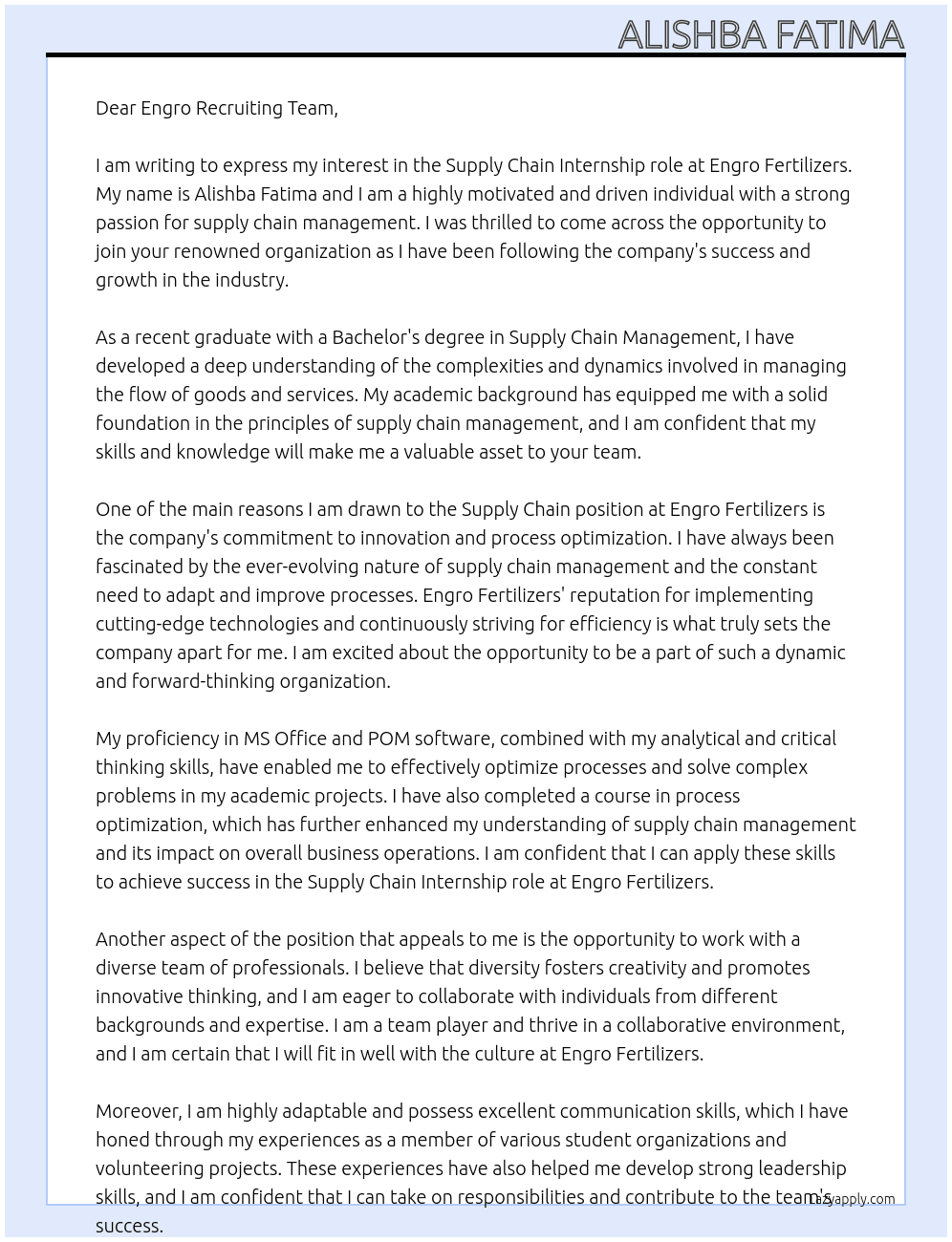 Supply Chain At Engro Fertilizer Cover Letter