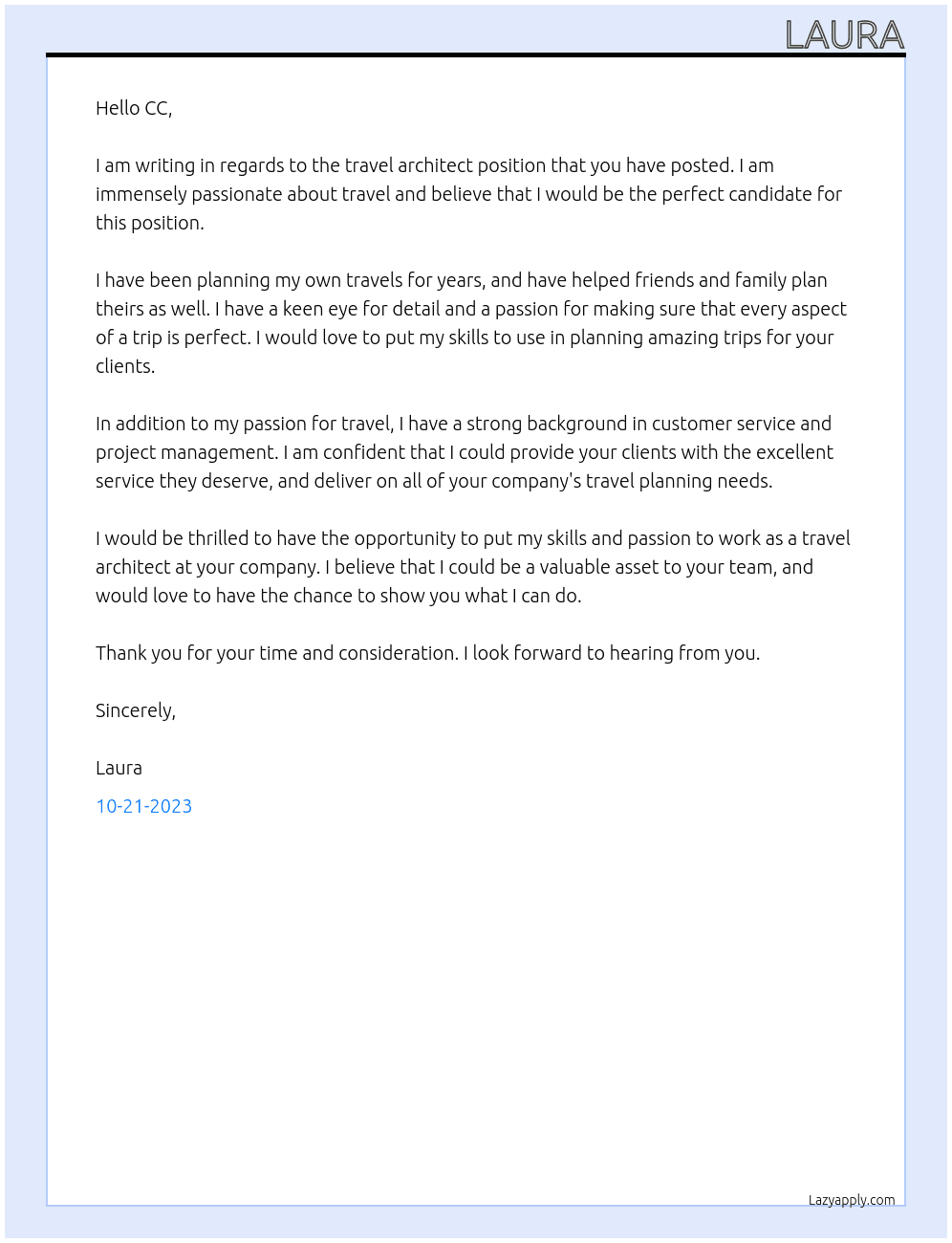 travel Architect At CC Cover Letter