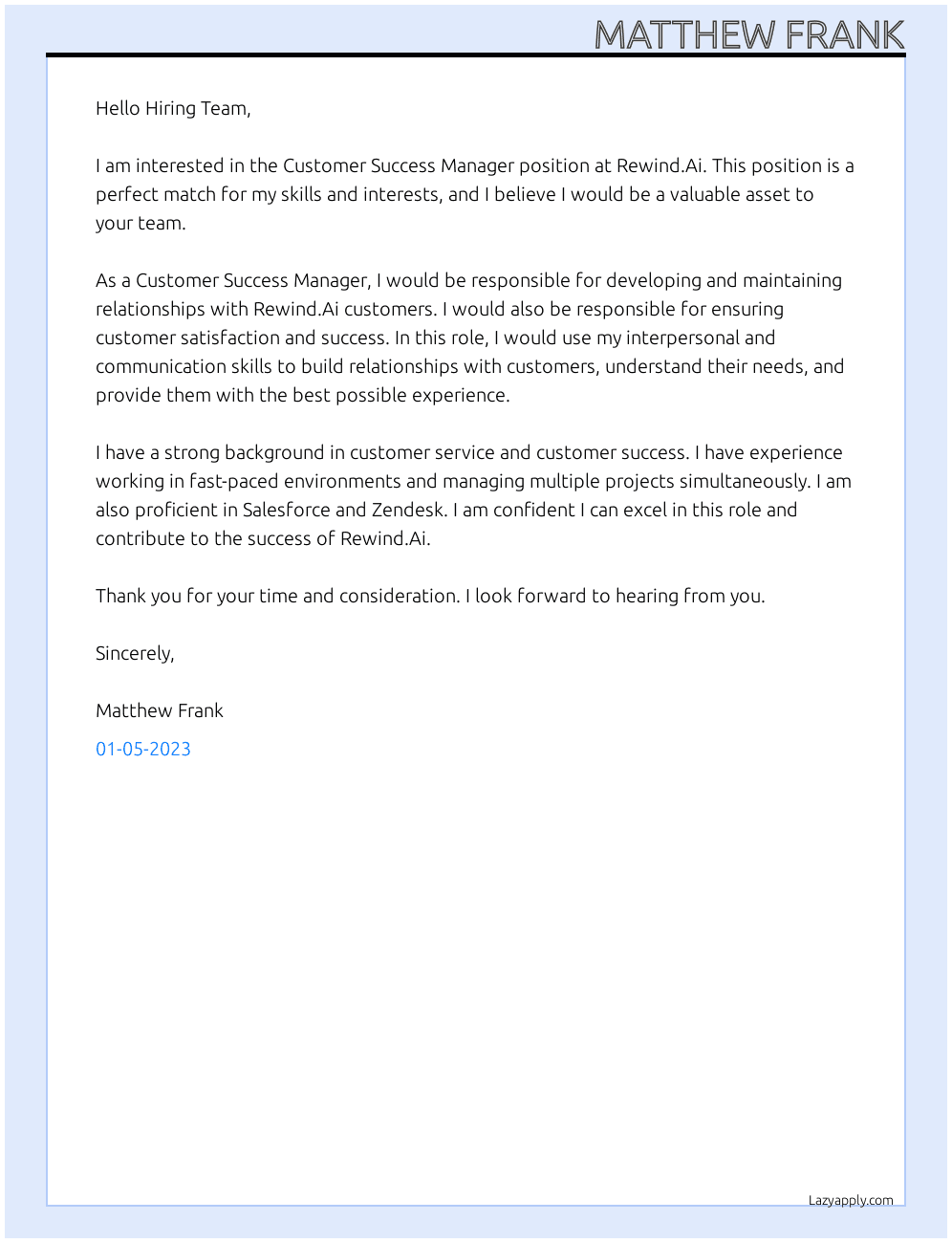 Customer Success Manager At Rewind.Ai Cover Letter