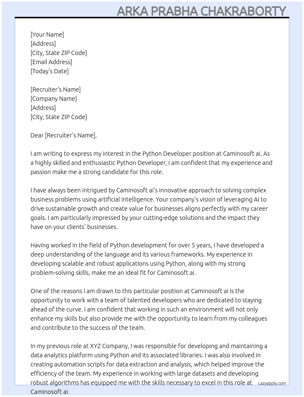 Python developer  At Caminosoft ai Cover Letter