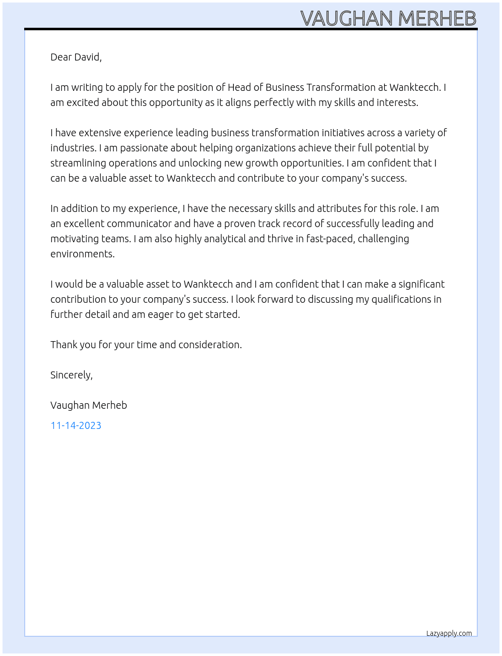 Head of Business Transformation At wanktecch Cover Letter