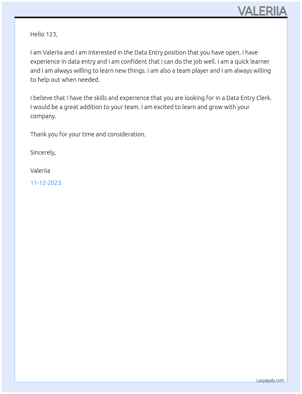 Data Entry At 123 Cover Letter