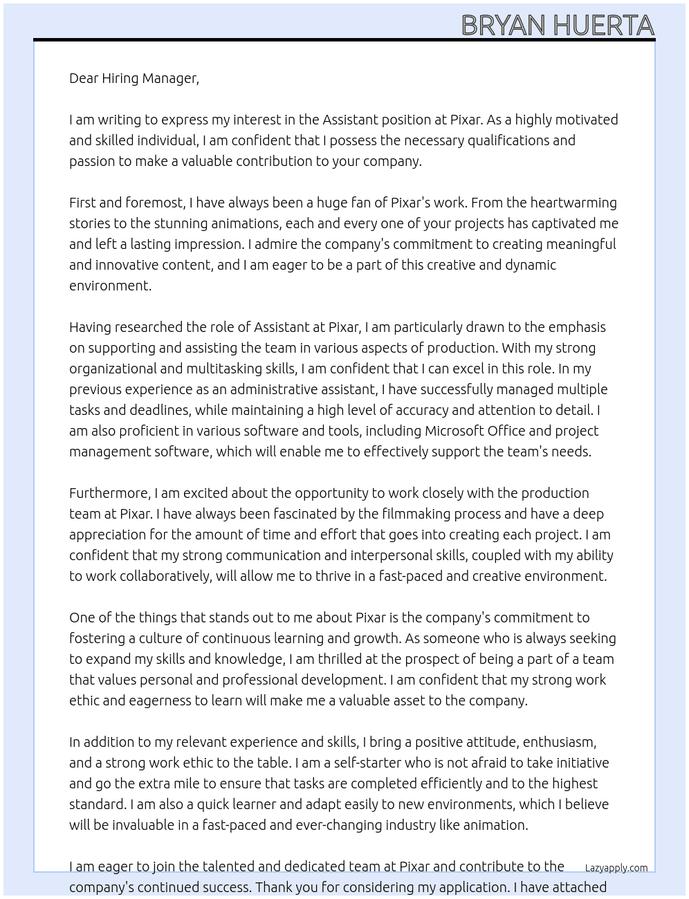 Assistant At Pixar Cover Letter