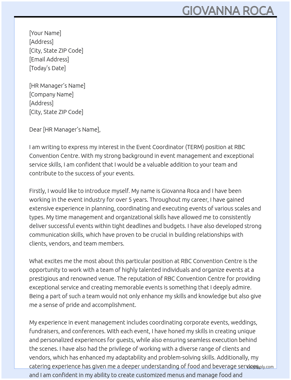 Event Coordinator (TERM) At RBC Convention Centre  Cover Letter