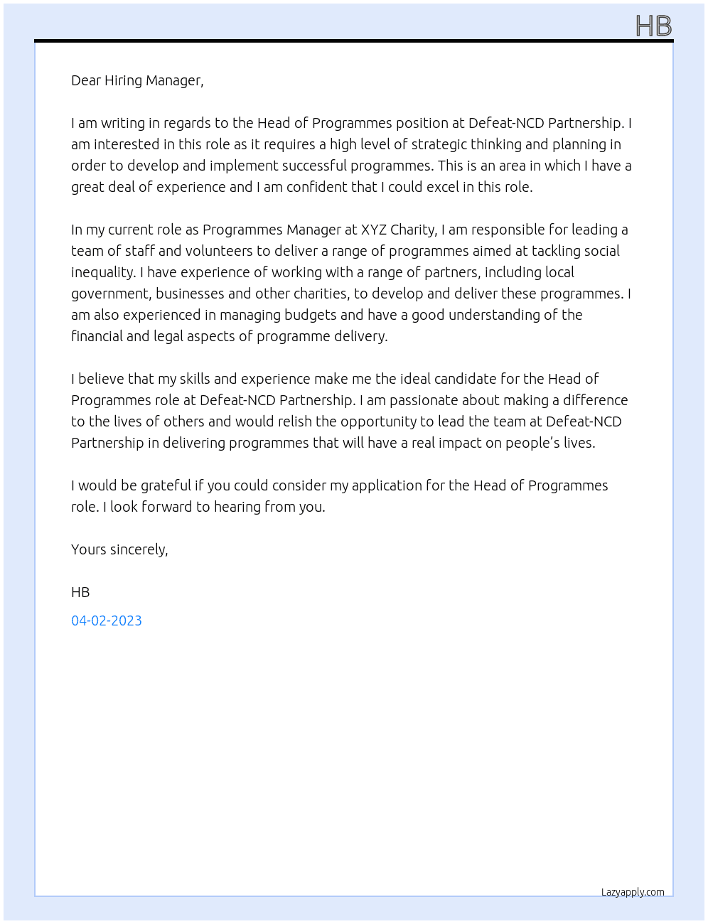 Head of Programmes At Defeat-NCD Partnership Cover Letter