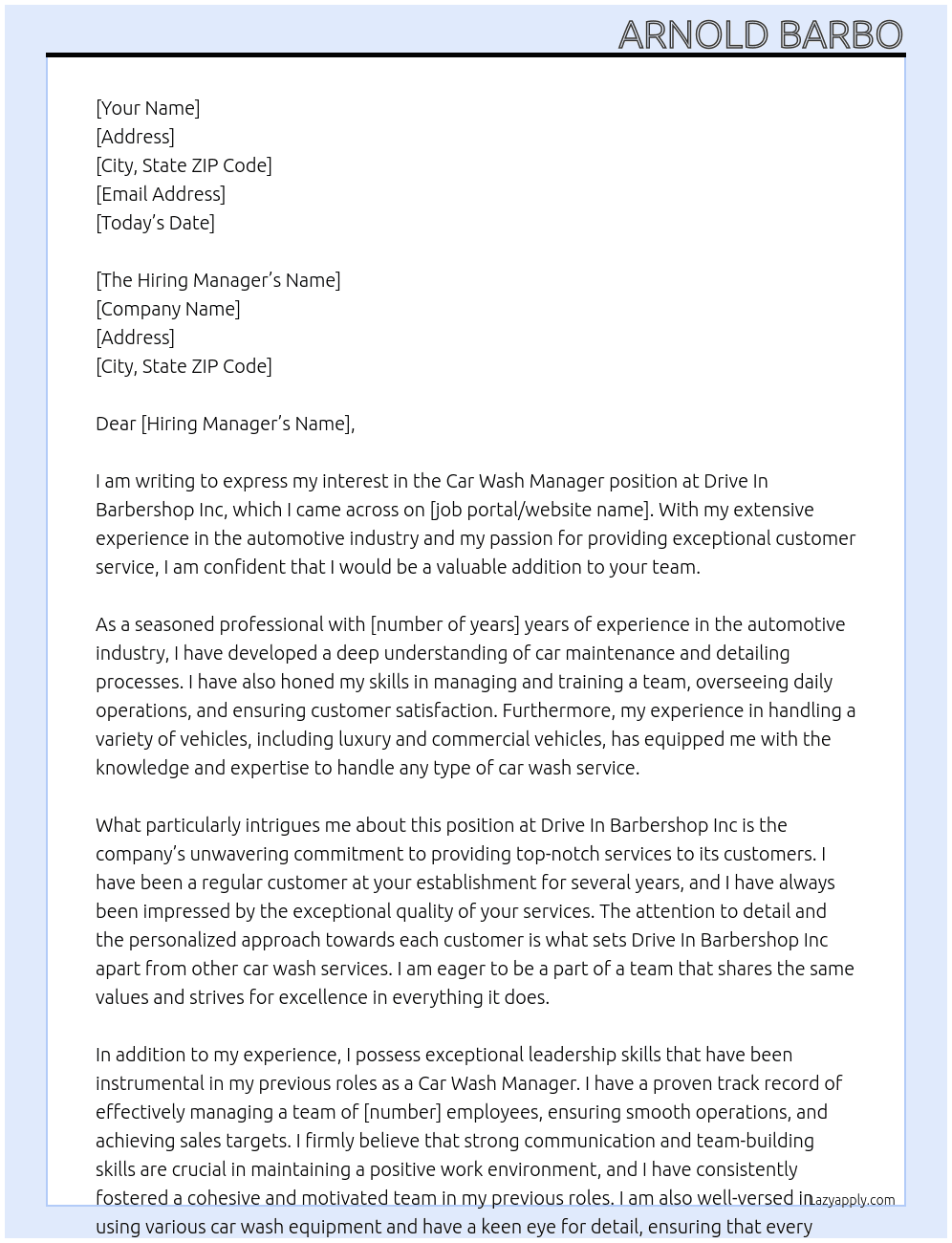 Car Wash Manager  At  Drive In Barbershop Inc Cover Letter