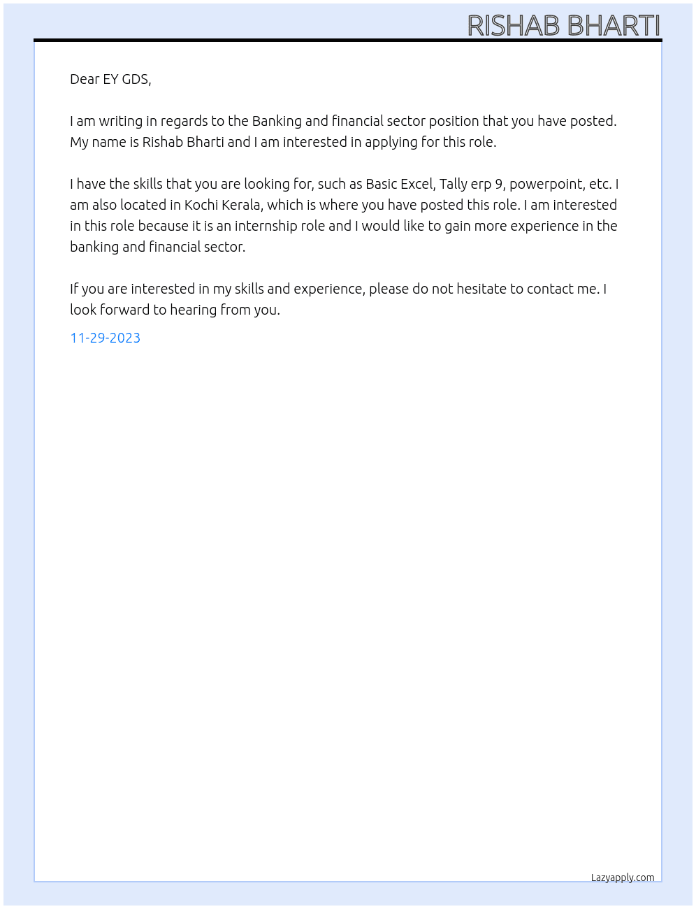Banking and financial sector At EY KOCHI KERALA Cover Letter
