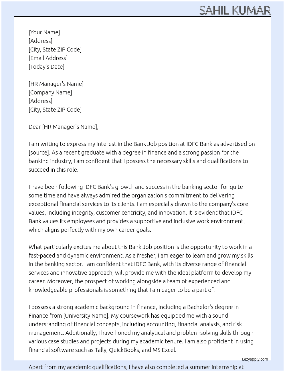 bank job for fresher At idfc bank Cover Letter
