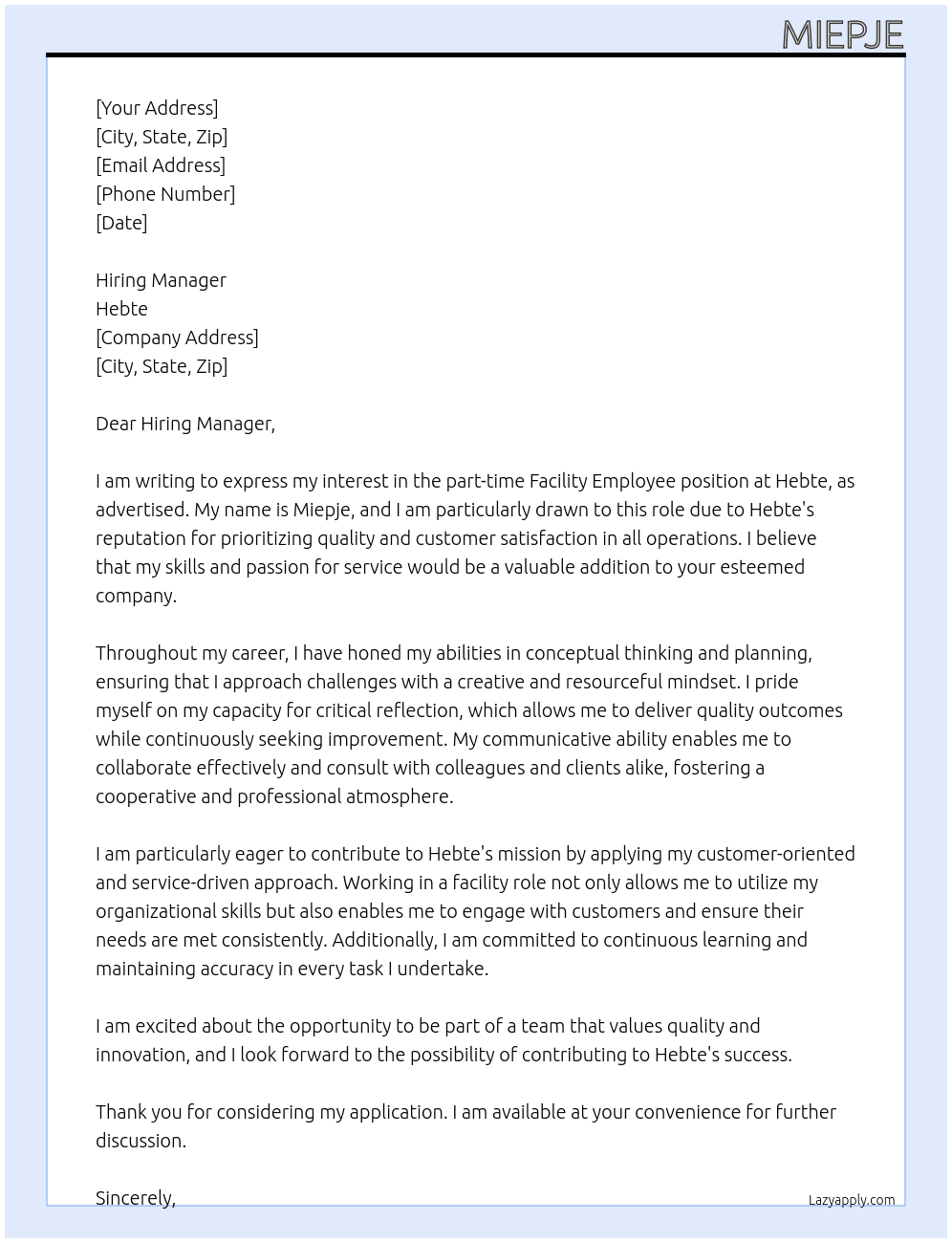 Facility employee At hebte Cover Letter