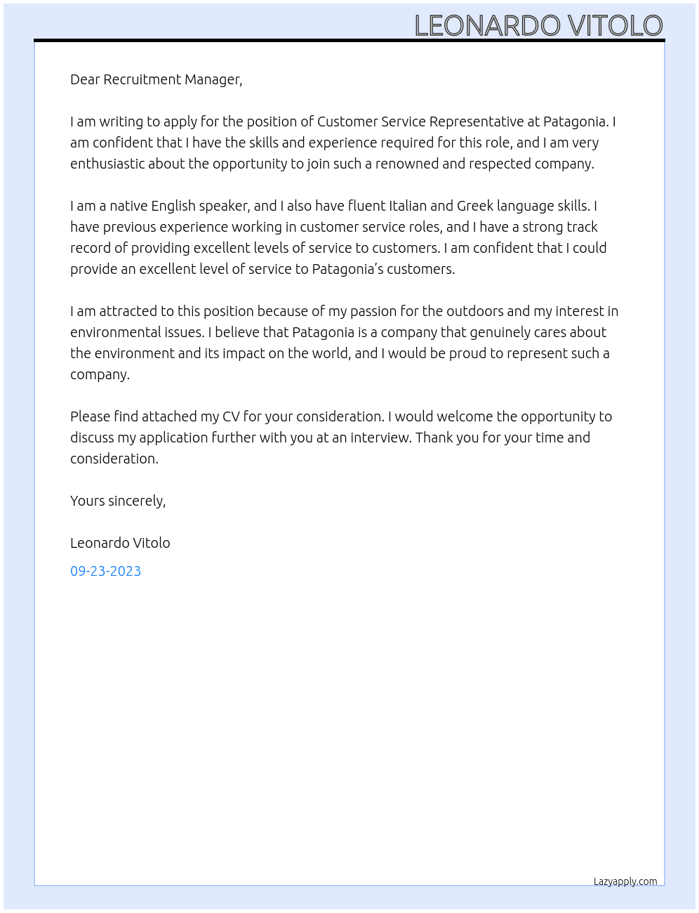 Customer Service Representative At Patagonia Cover Letter