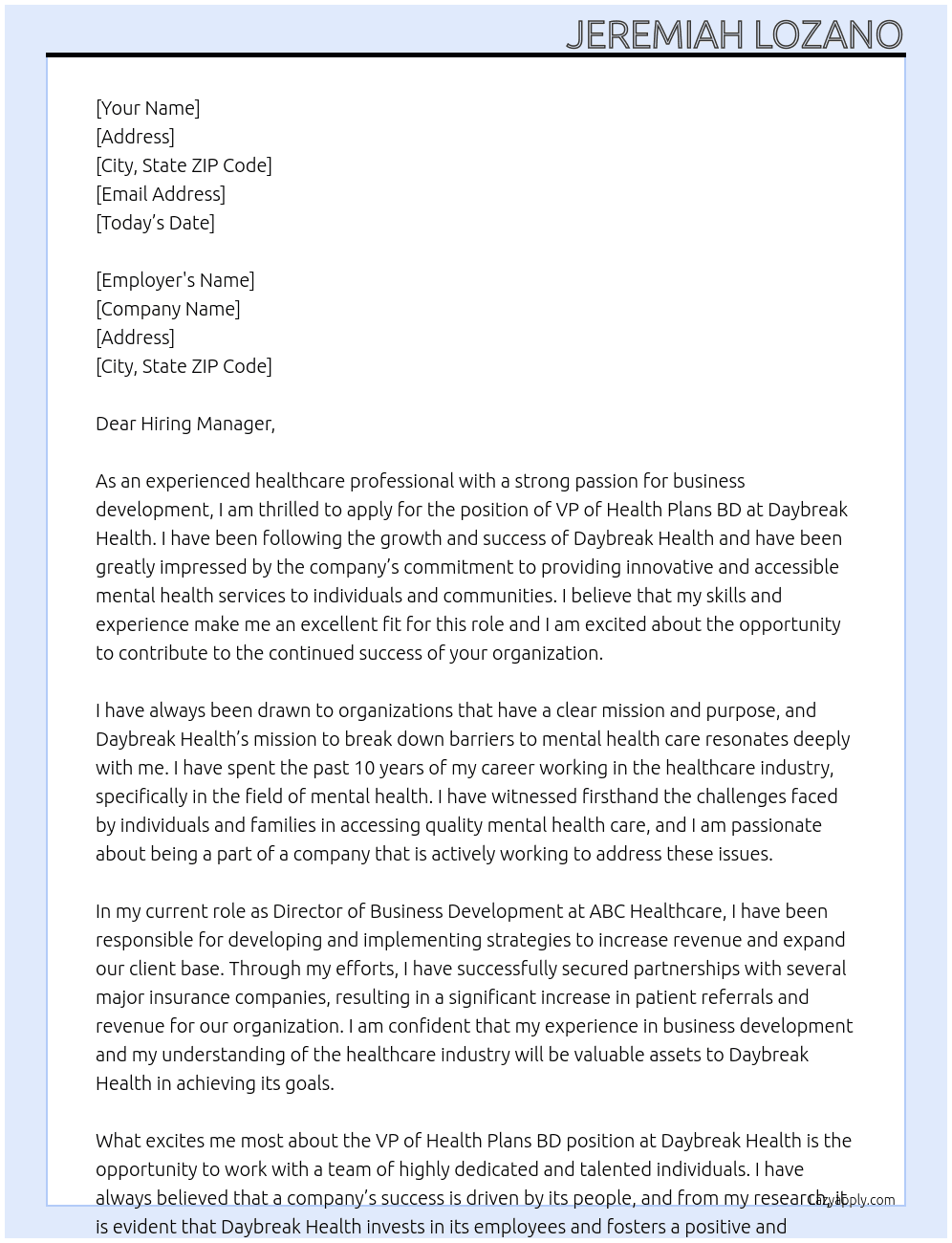 VP of Health Plans BD At Daybreak health Cover Letter