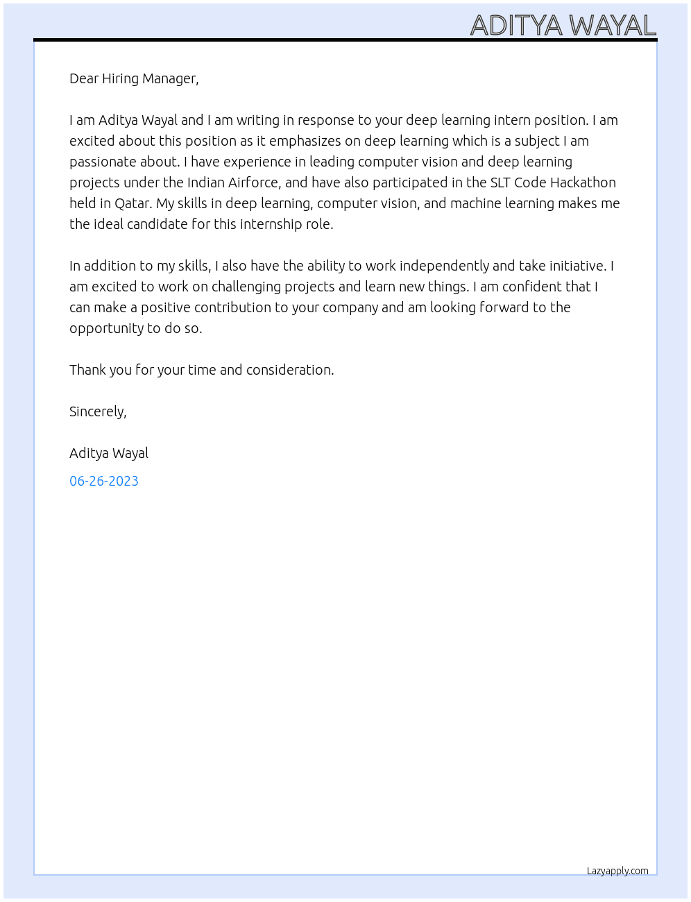 Deep learning intern At RHEINMETALL Cover Letter