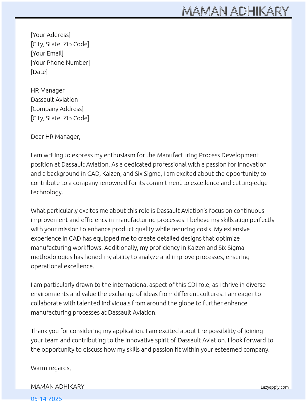 Manufacturing process development  At Dassault aviation Cover Letter