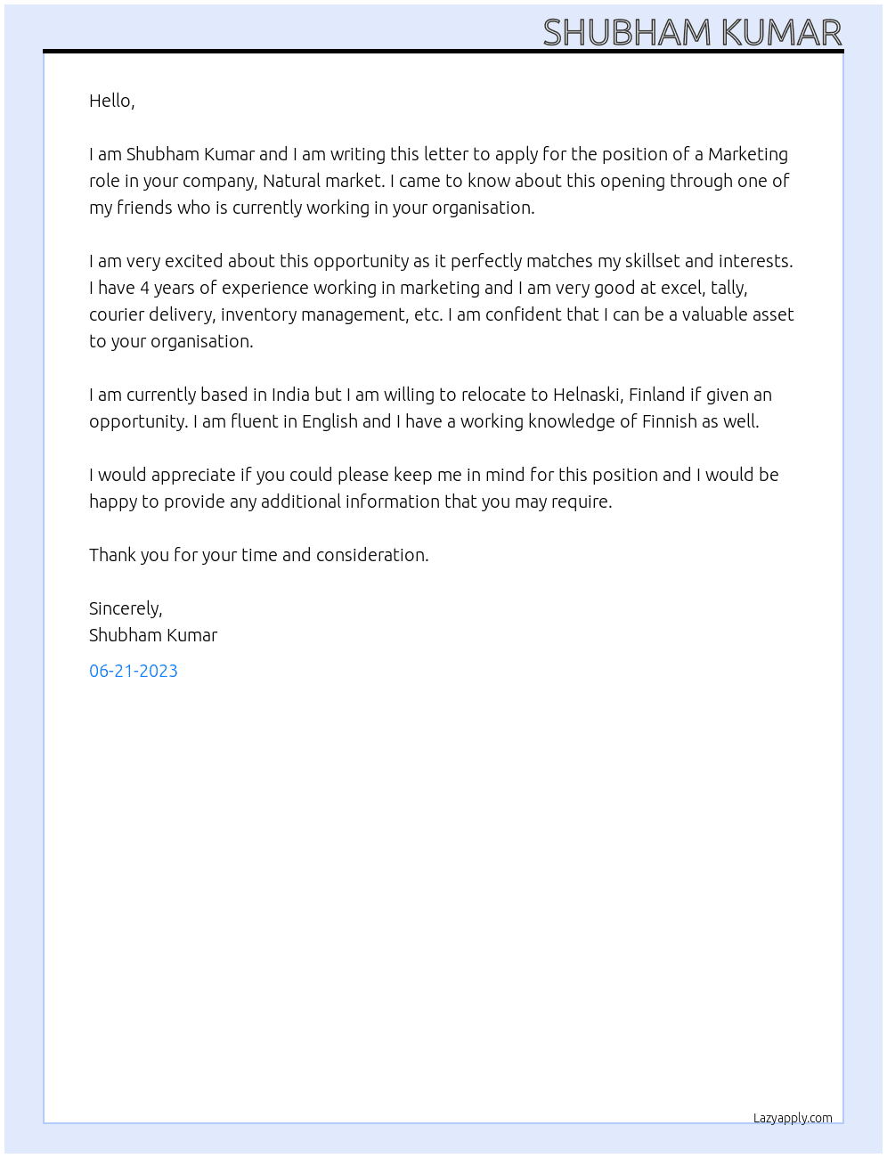 Marketing  At Natural market  Cover Letter