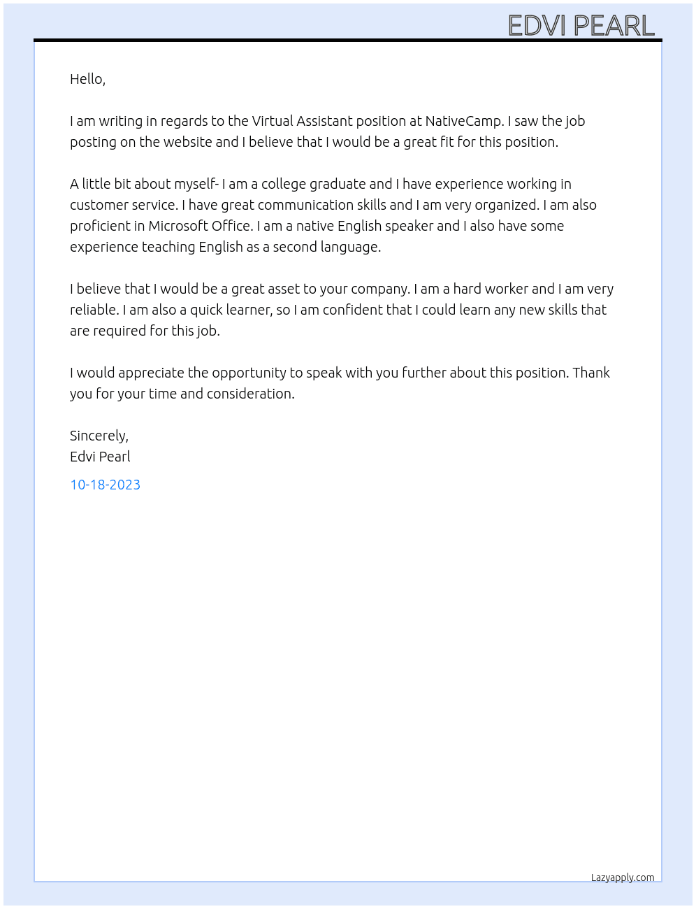 Virtual Assistant At nativecamp Cover Letter